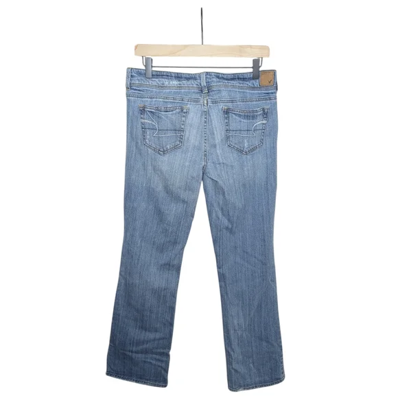 American Eagle Slim Boot Jeans Sz 10 Y2K Low Rise Stretch Distressed Light Wash - Picture 2 of 16